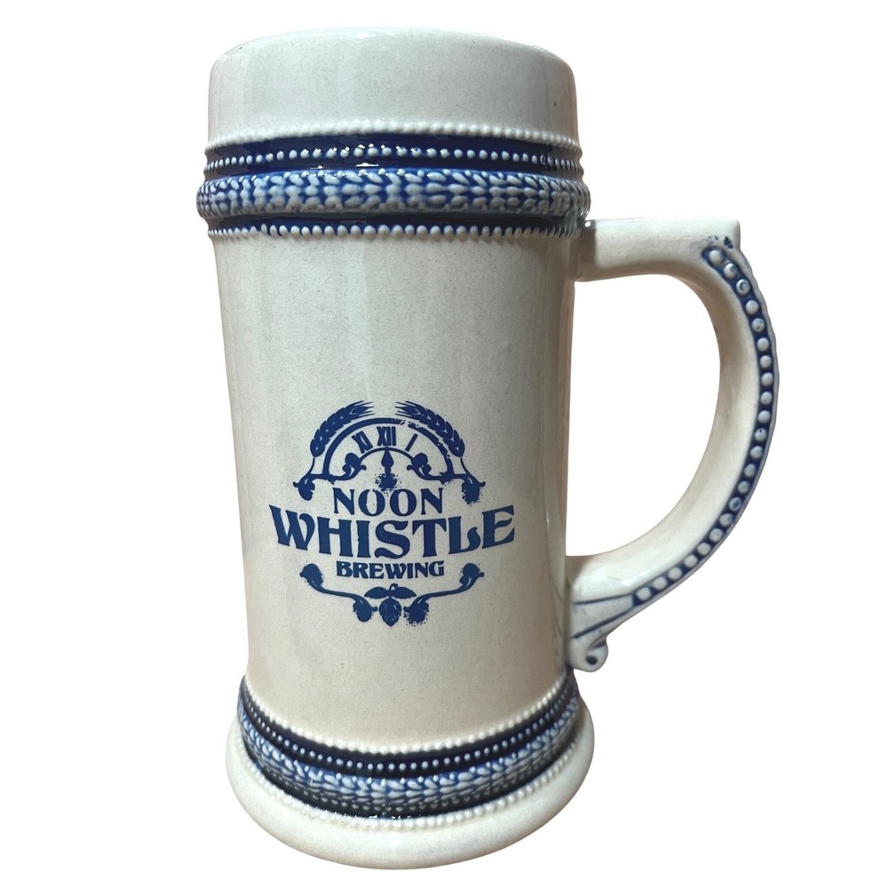 VTG Noon Whistle Brewing Beer Stein Salt Glazed Ceramic Blue Cobalt Mug 7 Inch